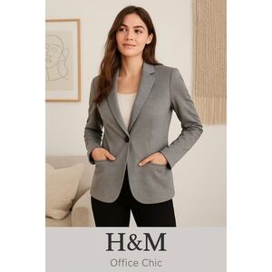 H&M Women's Gray One Button Blazer Jacket S 6 Tailored Stretch Lined Career Work